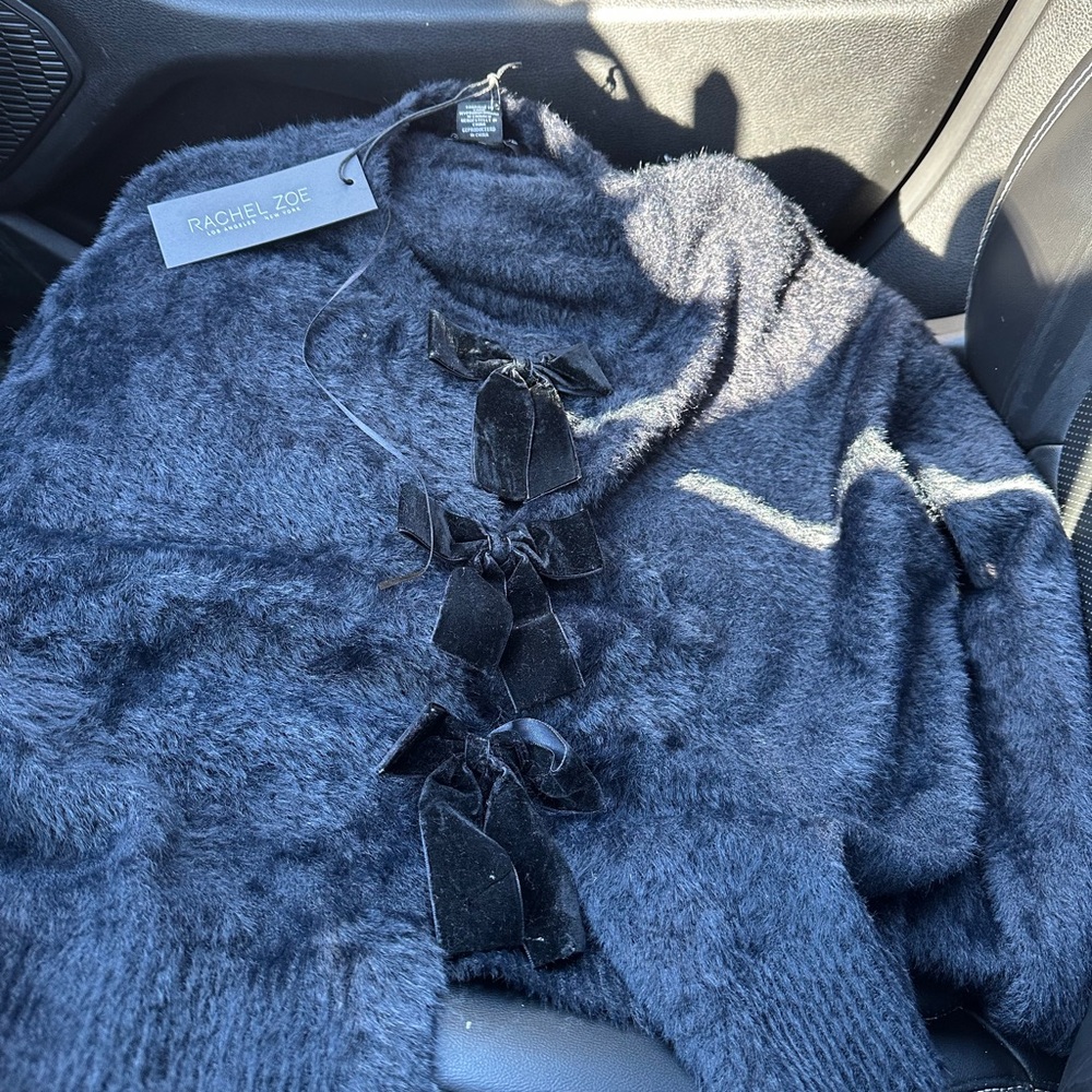 Rachel Zoe Black Fuzzy Cardigan with Velvet Bows